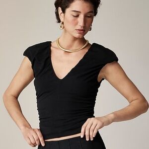 NEW J. CREW Ruched V-neck top in stretch cotton blend puff sleeves black Size XS